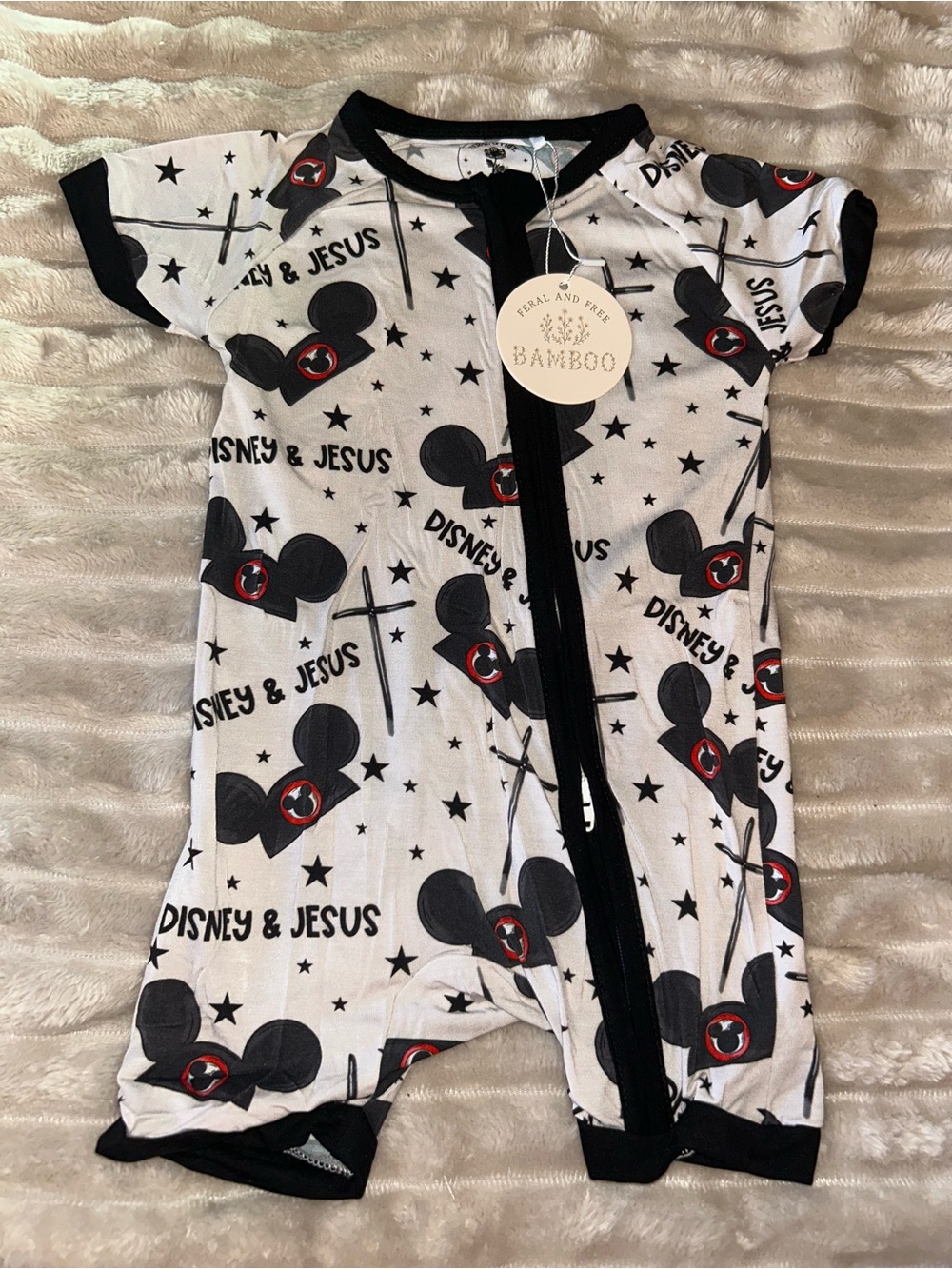 BAMBOO White Short-Sleeve One-Piece with Black Trim and Graphic Print